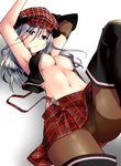 alisa_ilinichina_amiella arms_up black_footwear black_legwear blue_eyes boots breasts cabbie_hat commentary_request cropped_vest crotch_seam elbow_gloves frown gloves god_eater hat leg_up looking_at_viewer lying medium_breasts midriff navel on_back panties panties_under_pantyhose pantyhose plaid plaid_hat plaid_skirt silver_hair single_elbow_glove skirt solo suspenders theta_(ponkotsu_works) thigh_boots thighhighs underboob underwear upskirt 