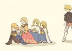  :/ :d agrias_oaks ahoge alicia_(fft) alma_beoulve annoyed armor armored_boots behind_back beige_background blonde_hair boots bouquet braid breastplate brown_gloves cape final_fantasy final_fantasy_tactics flower gauntlets gloves hairdressing head_rest kappe knee_boots knight lavian long_hair multiple_girls open_mouth ramza_beoulve shoulder_pads simple_background single_braid smile stamp thigh_boots thighhighs 