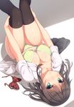  black_legwear bow bow_panties bowtie_removed bra breasts brown_hair cleavage green_bra green_eyes green_panties large_breasts legs_up lying navel on_back open_clothes open_shirt original panties parted_lips samegami school_uniform shirt skirt skirt_removed solo thighhighs underwear upside-down 