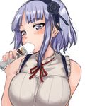  blush breasts dagashi_kashi flower food hair_flower hair_ornament hairband large_breasts megane_chuu purple_eyes purple_hair sexually_suggestive shidare_hotaru solo umaibou upper_body 