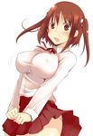  blush breasts brown_eyes brown_hair clenched_hands collared_shirt covered_nipples ebina_nana himouto!_umaru-chan jpeg_artifacts large_breasts long_sleeves panties ribbon shirt simple_background skirt skirt_tug solo theta_(ponkotsu_works) twintails underwear wavy_mouth white_background white_panties white_shirt wind wind_lift 