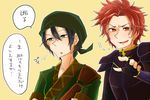  armor bandana black_hair earrings fingerless_gloves fire_emblem fire_emblem:_fuuin_no_tsurugi gauntlets gloves green_eyes jewelry minky_dodo multiple_boys open_mouth orange_eyes red_hair shin_(fire_emblem) simple_background yellow_background zeiss 