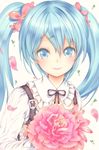  blue_eyes blue_hair blush catbell flower hatsune_miku long_hair looking_at_viewer petals solo twintails vocaloid 