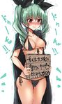  absurdres anchovy bad_id bad_pixiv_id bikini black_bikini blush breasts cape check_translation covered_nipples drill_hair front-tie_top girls_und_panzer green_hair hair_ribbon highres holding holding_sign long_hair medium_breasts nametake_(nekoyasya12172) red_eyes ribbon side-tie_bikini sign simple_background sketch smile solo swimsuit translation_request twin_drills twintails 