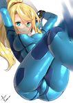  armlet arms_up ass blonde_hair blue_eyes blush bodysuit breasts covered_nipples dated glowing hair_between_eyes kicking large_breasts long_hair looking_at_viewer metroid motion_blur samus_aran scrunchie shiny shiny_clothes signature skin_tight solo super_smash_bros. yappen zero_suit 
