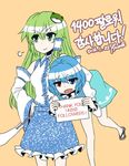  artist_name blue_eyes blue_hair carrying_under_arm commentary_request dated detached_sleeves english error frog_hair_ornament fuente geta gohei green_eyes green_hair hair_ornament hair_tubes hand_on_hip heterochromia highres holding holding_sign jitome kochiya_sanae multiple_girls open_mouth red_eyes sandals sign skirt smile snake_hair_ornament tatara_kogasa touhou translation_request twitter visible_air 