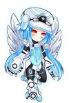  absurdres armor armored_boots blue_hair blush bodysuit boots chibi covered_navel full_body gloves hat highres long_hair low_twintails mechanical_wings neptune_(series) next_white power_symbol red_eyes shin_jigen_game_neptune_vii shironeko_haru simple_background solo symbol-shaped_pupils twintails white_background white_footwear white_heart wings 