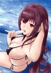  ass bangs bikini breasts cleavage eating eyebrows eyebrows_visible_through_hair eyelashes fate/grand_order fate_(series) food food_on_body food_on_face from_above hair_between_eyes halterneck hand_in_hair highres holding holding_food large_breasts licking long_hair looking_at_viewer micro_bikini popsicle purple_hair red_eyes sam_(metalibon) scathach_(fate)_(all) scathach_(fate/grand_order) sexually_suggestive side-tie_bikini solo string_bikini suggestive_fluid swimsuit thong thong_bikini very_long_hair water 