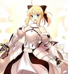  :d armor artoria_pendragon_(all) blonde_hair blue_eyes bow detached_sleeves excalibur fate/stay_night fate/unlimited_codes fate_(series) fuyuki_(neigedhiver) gauntlets gorget hair_bow long_hair looking_to_the_side open_mouth petals ponytail saber saber_lily smile solo sword weapon 