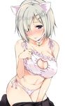  animal_ears bell blue_eyes blush breasts cat_cutout cat_ear_panties cat_ears cat_lingerie cleavage_cutout fake_animal_ears hair_over_one_eye hairband hamakaze_(kantai_collection) jingle_bell kantai_collection large_breasts meme_attire navel nironiro panties pantyhose short_hair side-tie_panties silver_hair solo tongue tongue_out underwear underwear_only white_panties 
