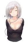  alternate_costume arms_behind_back bangs breasts cleavage closed_eyes collarbone duplicate earphones eighth_note hair_ornament hairclip hamakaze_(kantai_collection) happy kantai_collection large_breasts listening_to_music musical_note nazunakku short_hair silver_hair simple_background smile solo sweater upper_body white_background 