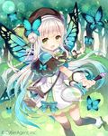  :d aqua_bow bangs beret black_legwear blue_bow blue_hair blunt_bangs bow braid bug butterfly butterfly_wings capelet company_name cowboy_shot double_bun dress gradient_hair grass green_eyes green_ribbon hat holding insect lace lace-trimmed_dress lantern leaf long_hair looking_at_viewer magnifying_glass multicolored_hair nature neck_ribbon open_mouth original outdoors outstretched_arms ribbon silver_hair smile solo sparkle standing standing_on_one_leg tareme thighhighs tree twin_braids two_side_up wasabi_(sekai) white_dress wings wrist_cuffs zettai_ryouiki 