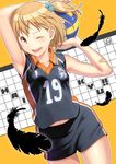  ;d armpits arms_up ball bandaid bandaid_on_arm bare_shoulders blonde_hair blush brown_eyes commentary_request feathers gym_shorts haikyuu!! hair_ornament looking_at_viewer navel one_eye_closed open_mouth pairan short_hair shorts side_ponytail sleeveless smile solo sportswear star star_hair_ornament volleyball volleyball_uniform yachi_hitoka 