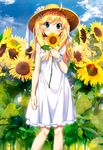 absurdres ahoge blonde_hair blue_eyes blush comptiq covering_mouth day dress flower grisaia_(series) grisaia_no_kajitsu grisaia_no_meikyuu hair_ribbon hat highres holding holding_flower long_hair looking_at_viewer matsushima_michiru official_art ribbon scan short_eyebrows solo standing sun_hat sundress sunflower twintails watanabe_akio white_dress 
