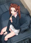  akasaai between_legs brown_eyes brown_hair eating food food_in_mouth girls_und_panzer ground_vehicle hair_ribbon hand_between_legs jacket kadotani_anzu long_hair looking_to_the_side military military_uniform military_vehicle motor_vehicle mouth_hold on_vehicle ooarai_military_uniform panzerkampfwagen_38(t) pleated_skirt ribbon school_uniform sitting skirt solo sweet_potato tank twintails uniform white_skirt 