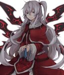  blue_eyes capelet commentary_request dress gensou_aporo hair_bobbles hair_ornament long_hair long_sleeves looking_at_viewer multiple_wings one_side_up red_capelet red_dress shinki silver_hair smile solo touhou touhou_(pc-98) very_long_hair wide_sleeves wings 