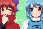  blue_hair blush bow hair_bow heart heterochromia looking_at_another multiple_girls nnyara red_eyes red_hair sekibanki smile tatara_kogasa touhou upper_body 