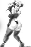  anthro areola bear breasts butt chanrom female invalid_tag looking_at_viewer looking_back mammal microphone monochrome nipples nude open_mouth panda simple_background smile solo white_background 
