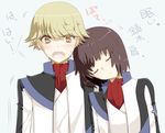  1boy 1girl :o blonde_hair blush brown_hair embarrassed head_on_shoulder jacket kaburagi_sui long_sleeves nishio_rina open_mouth orange_eyes short_hair sleeping soukyuu_no_fafner sumomo_(peach-breath) surprised sweatdrop translation_request uniform wavy_mouth 