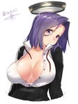  artist_name breasts cleavage collarbone collared_shirt covered_nipples eyebrows eyebrows_visible_through_hair glowing hair_between_eyes isshiki_(ffmania7) kantai_collection large_breasts long_sleeves looking_at_viewer mechanical_halo open_clothes open_shirt purple_hair shirt short_hair signature simple_background solo tatsuta_(kantai_collection) twitter_username unbuttoned upper_body white_background 