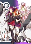  a-rise brown_hair crossover green_eyes highres ksk_(semicha_keisuke) long_hair love_live! love_live!_school_idol_project master_ball mega_aggron mega_diancie mole mole_under_eye multiple_girls open_mouth poke_ball pokemon purple_eyes purple_hair shocking_party short_hair smile thighhighs toudou_erena yuuki_anju 