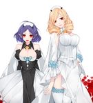 blonde_hair blue_hair breasts chess_belle choker cleavage detached_collar detached_sleeves dress drill_hair fang_out fangs flower garters hanasato_(okashino) hand_on_hip highres horn_skuld large_breasts long_hair looking_at_viewer multiple_girls owari_no_seraph pointy_ears red_eyes short_hair smile thighhighs twin_drills vampire white_dress white_legwear 