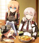  =_= anchor_hair_ornament aqua_eyes bare_shoulders bismarck_(kantai_collection) black_ribbon black_skirt blanket blonde_hair blush breasts camouflage capelet closed_eyes covering_with_blanket detached_sleeves eating food food_on_face gloves graf_zeppelin_(kantai_collection) gratin hair_between_eyes hair_ornament haribote_(tarao) hat indoors iron_cross kantai_collection large_breasts long_hair long_sleeves low_twintails military military_hat military_uniform multiple_girls peaked_cap prinz_eugen_(kantai_collection) pun remodel_(kantai_collection) ribbon sidelocks skirt sleeping smile table twintails uniform white_gloves younger 
