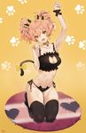  :3 :d arm_up bell bell_collar black_bra black_legwear black_panties blush bow bra breasts cat_cutout cat_ear_panties cat_hair_ornament cat_lingerie cat_tail cleavage cleavage_cutout collar collarbone earrings hair_bow hair_ornament highres idolmaster idolmaster_cinderella_girls jewelry jingle_bell jougasaki_mika large_breasts looking_at_viewer meme_attire navel open_mouth panties paw_pose paw_print pink_hair side-tie_panties simple_background smile solo tail thighhighs twintails underwear underwear_only yang-do yellow_background yellow_eyes 