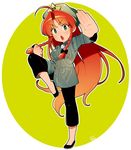  ahoge bad_id bad_twitter_id blush bow braid chinese_clothes cosplay eyebrows fighting_stance full_body green_background green_eyes hair_bow hat hirasawa_susumu hirasawa_susumu_(cosplay) hong_meiling kiri_futoshi leg_up long_hair long_sleeves open_mouth outstretched_arm p-model pants red_hair shirt shoes signature solo standing standing_on_one_leg star thick_eyebrows touhou twin_braids 