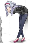  ^_^ against_wall bad_id bad_twitter_id bent_over casual closed_eyes denim hairband hand_in_pocket high_heels idolmaster idolmaster_(classic) jacket jeans letterman_jacket long_hair no_socks pants purple_hairband scarf shijou_takane shoes silver_hair sketch smile solo_focus standing v yoshiwa_tomo 