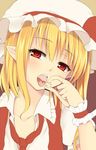 blonde_hair candy collarbone face fang flandre_scarlet food hat hat_ribbon looking_at_viewer loose_necktie mob_cap necktie nnyara open_mouth pointy_ears red_eyes ribbon shirt solo tongue tongue_out touhou upper_body wrist_cuffs 