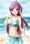  absurdres ahoge alternate_costume bikini blush breasts brown_eyes cleavage front-tie_top hagikaze_(kantai_collection) highres kagerou_(gigayasoma) kantai_collection long_hair looking_at_viewer medium_breasts navel one_side_up purple_hair sarong solo standing swimsuit 
