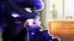  2015 blue_eyes blue_fur blue_hair curtains equine female feral flower friendship_is_magic fur furniture glowing hair hi_res horn inside jewelry mammal my_little_pony necklace paperdrop plant princess_luna_(mlp) solo window winged_unicorn wings 