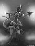  anthro canine chanrom dinosaur duo feral gun invalid_tag machete male mammal monochrome ranged_weapon raptor simple_background submachine_gun weapon wolf 