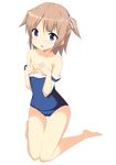  :o bangs bare_legs bare_shoulders barefoot blue_eyes blush breasts brown_hair collarbone firecharmer full_body kneeling knees_together_feet_apart looking_away off_shoulder old_school_swimsuit one-piece_swimsuit original petite school_swimsuit short_hair short_twintails simple_background small_breasts solo strap_slip suggestive_fluid swimsuit tareme twintails white_background 