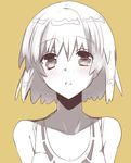  bare_shoulders blush breasts brown_background cleavage looking_at_viewer monochrome nishio_rina parted_lips portrait shiny shiny_hair short_hair simple_background small_breasts solo soukyuu_no_fafner sumomo_(peach-breath) tank_top 