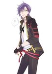  akashi_kuniyuki black_gloves fingerless_gloves glasses gloves green_eyes hair_ornament hairclip male_focus purple_hair solo touken_ranbu translation_request yano_(404878) 