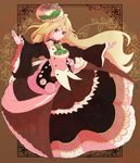  absurdres blonde_hair brown_eyes dress food_themed_clothes frilled_dress frills fujimizushiika full_body hat highres long_hair original outstretched_arms personification pocketland smile solo tiramisu wide_sleeves 