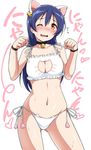  animal_ears bell blue_hair blush breasts cat_cutout cat_ear_panties cat_ears cat_lingerie cleavage cleavage_cutout cowboy_shot flying_sweatdrops highres jingle_bell long_hair love_live! love_live!_school_idol_project medium_breasts meme_attire navel one_eye_closed open_mouth panties paw_pose side-tie_panties solo sonoda_umi sweat tongue tongue_out underwear underwear_only wavy_mouth yellow_eyes yopparai_oni 
