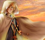  blonde_hair green_eyes hood male_focus necktie parted_lips solo sunset touken_ranbu yamanbagiri_kunihiro yano_(404878) 