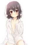  animal_ears black_hair blush brown_eyes bunny_ears collarbone dress_shirt highres inaba_tewi long_sleeves looking_at_viewer naked_shirt nnyara open_clothes open_shirt shirt sitting sleeves_past_wrists solo thighs touhou 