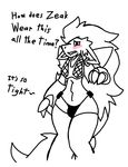  2016 anthro blush canine claws clothing cute ear_piercing english_text fox girly green_eyes hair invalid_background invalid_color johnithanial jon_(johnithanial) long_hair looking_down male mammal monochrome navel nintendo piercing pok&eacute;mon solo standing text thong underwear video_games wide_hips zoroark 