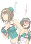 bad_id bad_pixiv_id bare_shoulders beret black_gloves black_hair blue_eyes blush breasts brown_hair choker choukai_(kantai_collection) cleavage glasses gloves hair_ornament hairclip hat headgear highres kantai_collection large_breasts looking_down maya_(kantai_collection) midriff mini_hat miniskirt multiple_girls nobcoffee open_mouth pleated_skirt red_eyes remodel_(kantai_collection) short_hair skirt sleeveless translated 