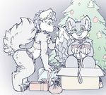  addickted blush bound canine christmas christmas_tree collar dipstick_tail duo eyewear gift glasses green_eyes hands_tied holidays leash male mammal multicolored_tail simple_background sitting standing tongue tongue_out tree wolf 