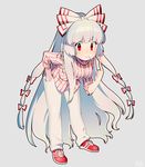  albino bad_id bad_twitter_id bent_over blush bow cigarette cosplay fujiwara_no_mokou full_body hair_bow hair_ribbon hand_in_pocket hirasawa_susumu hirasawa_susumu_(cosplay) kiri_futoshi long_hair long_sleeves looking_at_viewer mouth_hold p-model pants red_eyes ribbon shirt shoes signature simple_background smile sneakers solo striped striped_shirt touhou very_long_hair white_hair 