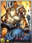  abs action_pose angry belt biceps big_muscles blood brown_fur card_game chain claws clothing crouching digital_media_(artwork) dragon duo fangs feline fight fingerless_gloves fist fur gloves hi_res horn looking_down lying mammal multicolored_fur muscular navel no_pupils on_back open_mouth orange_fur pecs rage raised_tail red_eyes sharp_teeth shorts spirit_stones striped_fur stripes tail_tuft teeth tiger tongue tongue_out topless tuft unknown_artist vein violence yellow_eyes 