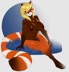  2016 anthro areola avante92 blonde_hair blue_eyes breasts female hair hi_res long_hair looking_at_viewer mammal navel nipples nude red_panda sitting smile solo 