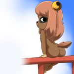  brown_fur butt canine dofus dog female flat_chested fur hair lilotte mammal nipples nude outside pink_hair sitting smile solo unknown_artist young 