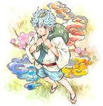  :&lt; abbreviated_karakusa absurdres bag cherry_blossoms cloud faux_traditional_media from_above full_body furoshiki grey_eyes highres komasan koukyou_keiyu leaf leaf_on_head male_focus personification sandals shorts silver_hair solo squiggle standing traditional_media watercolor_(medium) youkai_watch 