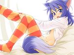  animal_ears blue_eyes blue_hair cat_ears commentary_request looking_at_viewer open_mouth punto solo striped striped_legwear summon_night tail thighhighs yuel 